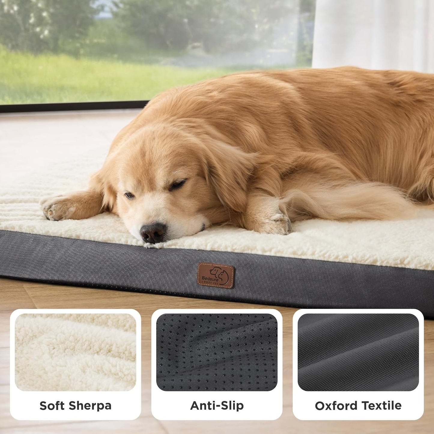 XL Dog Bed, Extra Large Pet Bed with Comfy Sherpa,44X32In Grey | Orthopedic Egg Crate Foam,Comfort Support Flat Rectangle Pet Mat,Non-Slip Bottom,Removable Cover,For Extra Pet up to 80 Lbs